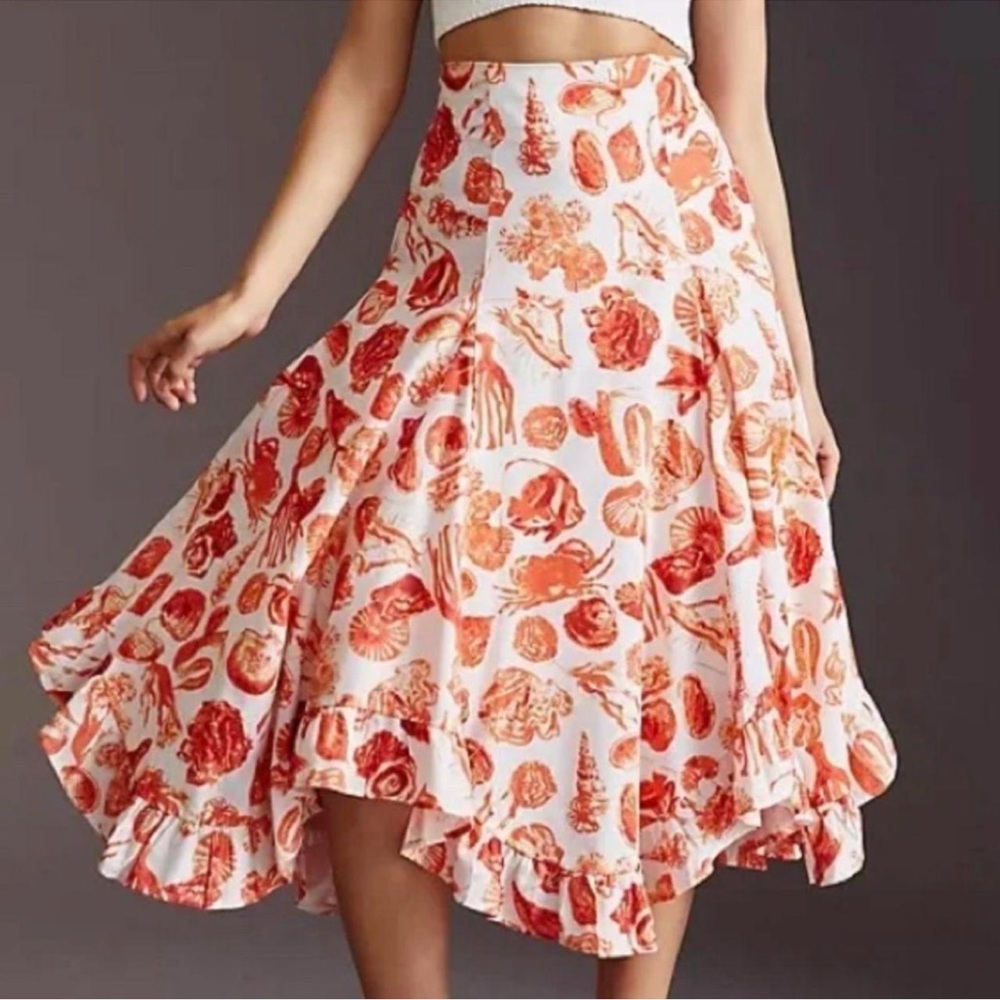 Maeve Anthropologie White Midi Skirt with Orange seashells, coral, marine life